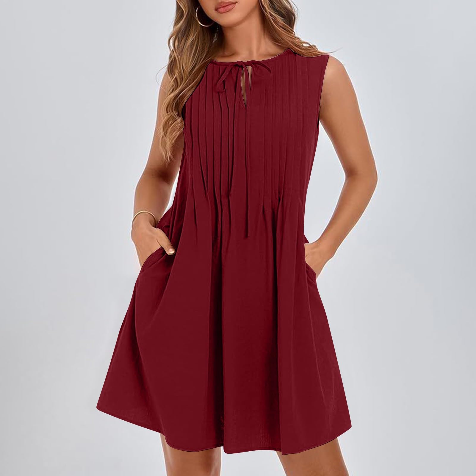 

Women s Flowing Pleated Lace-Up Pocket Sleeveless A-Line Dress XL винний