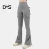 Women Flared Pants Elastic High Waist Wide Leg Casual Trousers with Flap Pockets Solid Color Cargo Pants Daily Wear