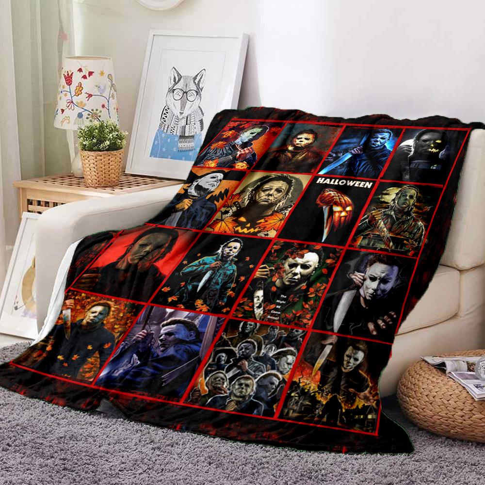 1Pc Halloween Horror Icons Flannel Blanket, Soft And Comfortable, Casual Warm, Camping Travel, Christmas, Halloween Xmas Gift L1470
