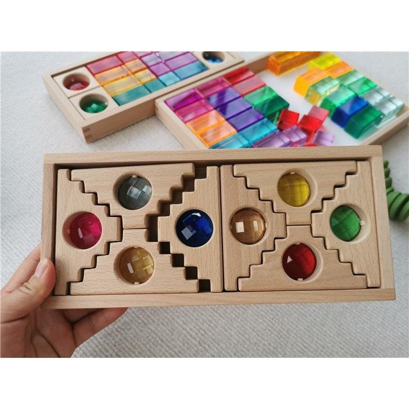 Kids Lucite Cube AcryllicCrylick Stacking Window Blocks Color Street Gems Stone Montessori Toys