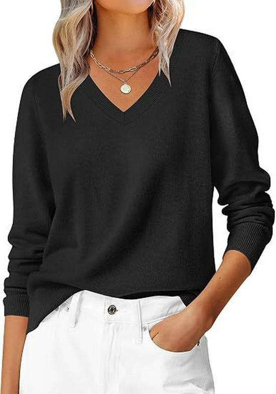 2026 European & American Autumn V-neck Loose Long Sleeve Solid Knit Women's Sweater - Commuting & Versatile