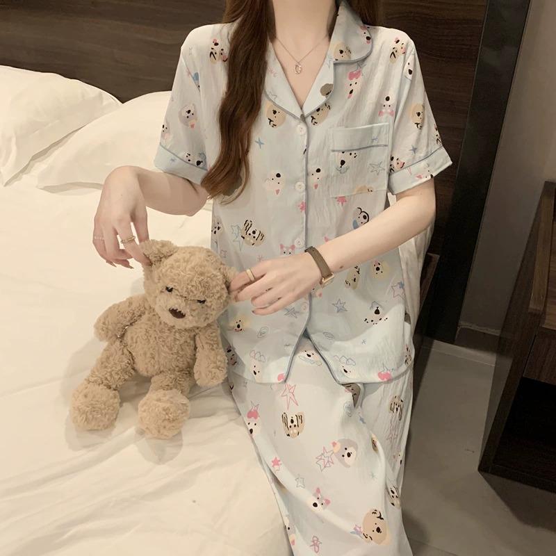 Short-sleeved Trousers, Summer Pajamas, Women's Cardigan, Casual Home Service 2-piece Suit