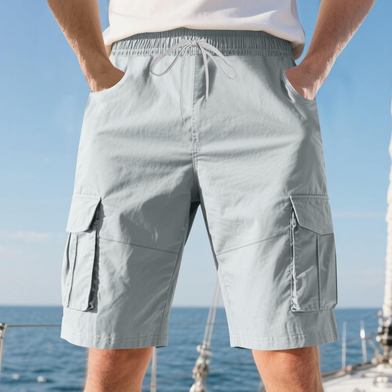 Summer Loose Men's Safari Style Shorts Multi Pockets Casual Loose Fit Straight Elastic Waist Beach Shorts