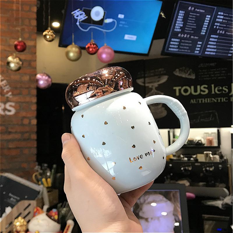 Pink and Tender Starry Sky Ceramic Water Cup with Lid Spoon Handle Anti Scalding Mug Dormitory Office Portable Small Cup