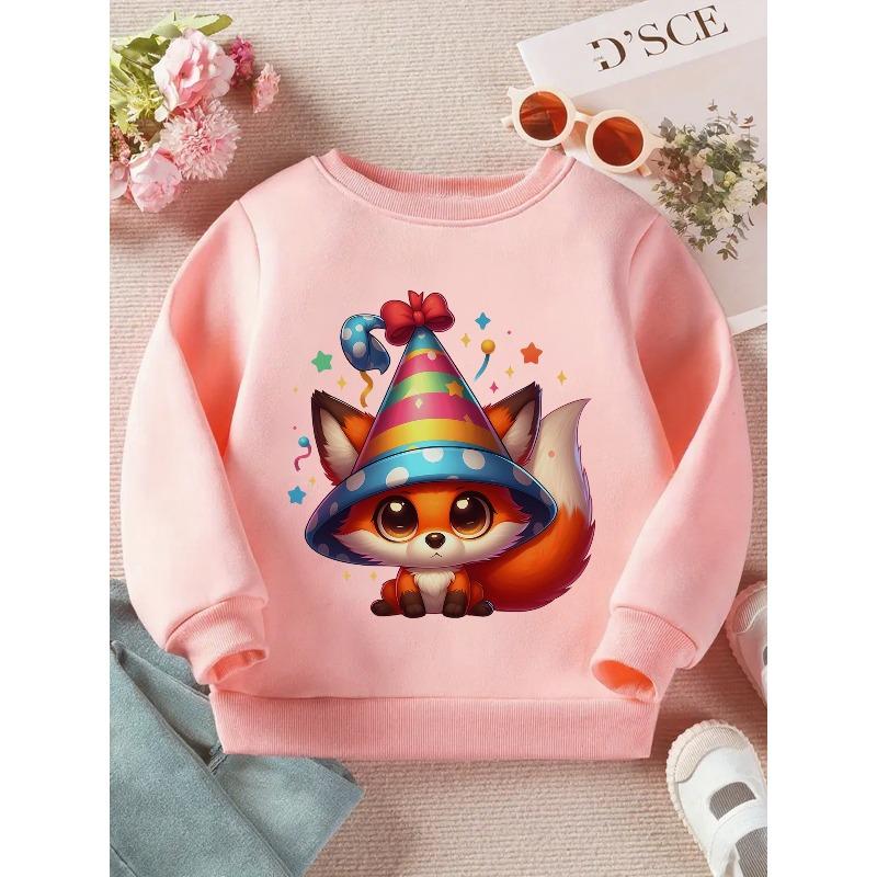 Kids Crewneck Sweatshirt, Festive Party Fox Graphic Print, Soft Casual Long Sleeve Pullover