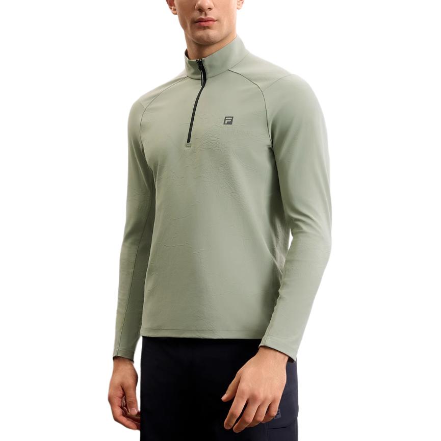 Fila Stand Collar Outdoor Half-Zip Raglan Long Sleeve T-Shirt Men Tops Moss-Green A11M517208FKK