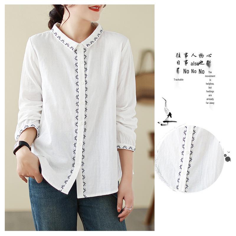 Women's Artistic Retro Embroidered Cotton Linen Shirt - Loose Casual Top for Spring 2026 Arrival