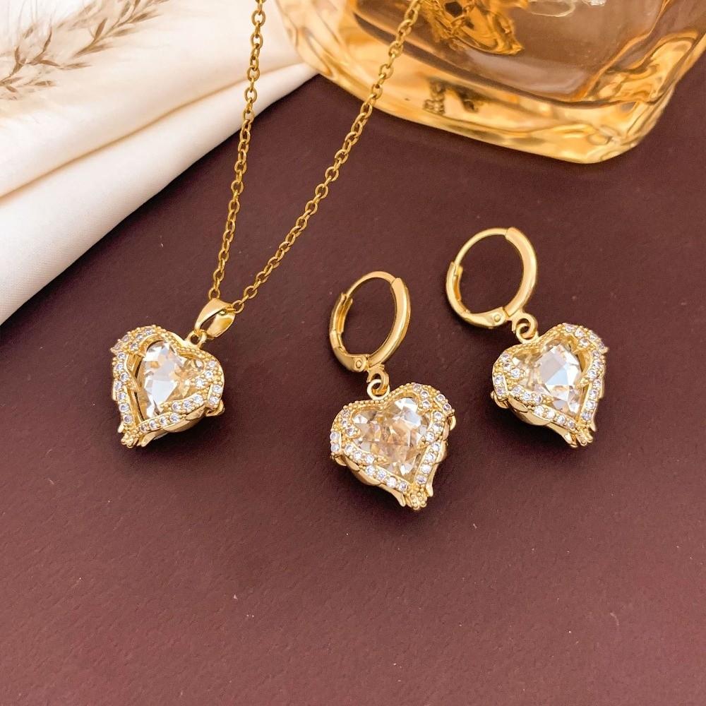 Elegant Ocean Heart Necklace Earrings Sparkling Zircon Pendant  Anniversary белый