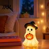 Safe Flameless Night Light Halloween Ghost Figurine, Cute Resin Holding Pumpkin Whimsical Statue for Desk Tabletop Indoor Home Decor Healing