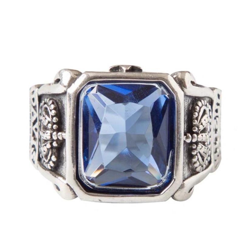 Colorful Retro Inlaid Square Blue Zircon Crown Ring Trendy Men'S Personality Ruffian Handsome Temperament Domineering And Adjustable