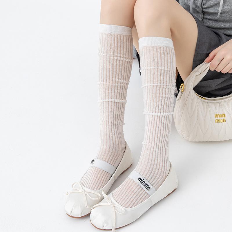 Damen vertikal gestreifte einfarbige dünne Ballett-Stil lange atmungsaktive Knie- bis Wadenlange Socken