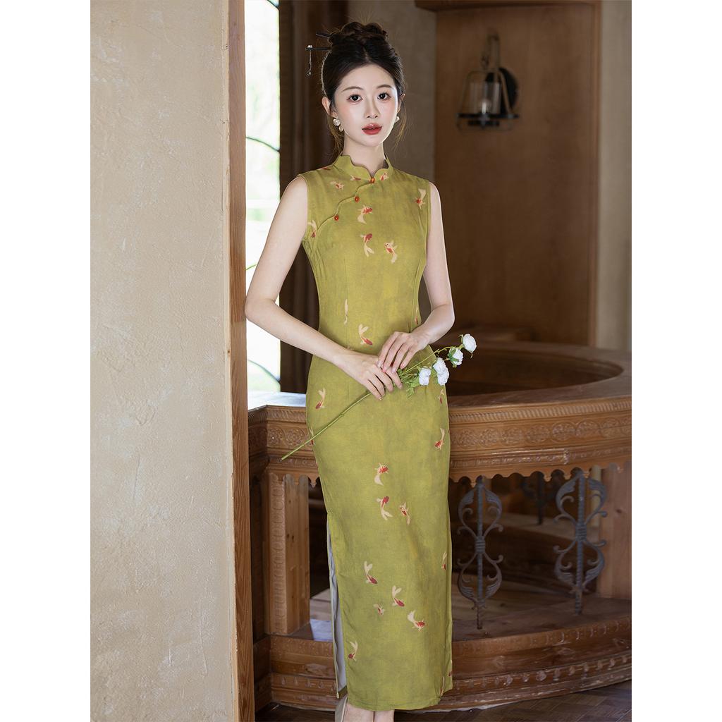 Green new Chinese Hong Kong style sleeveless cheongsam 1011 summer new slim and thin daily wear dress