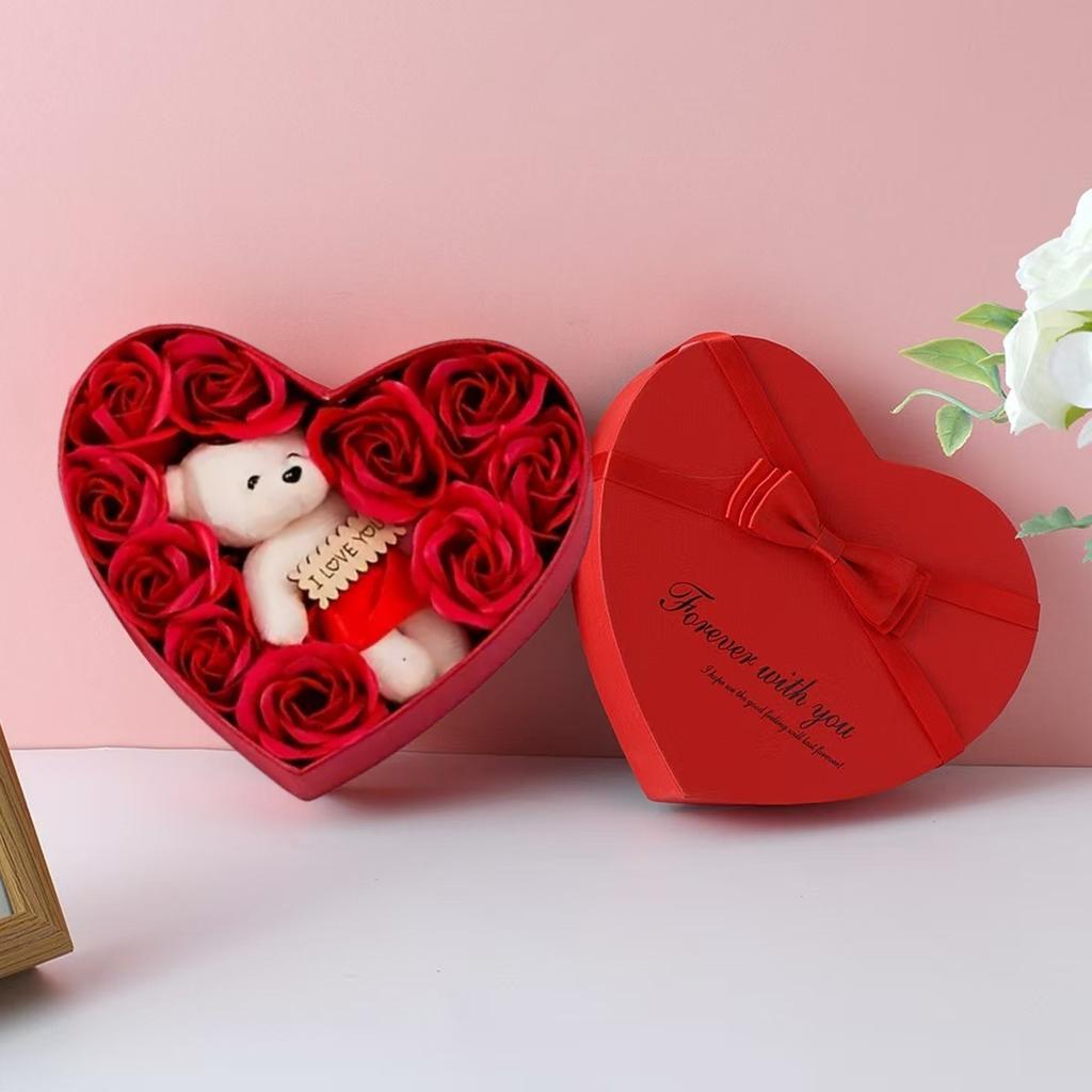 10 Artificial Flowers Valentines Day Gift For Her Rose Gift Box With Cute Bear Romantic Mothers Day Wedding Home Party Decor