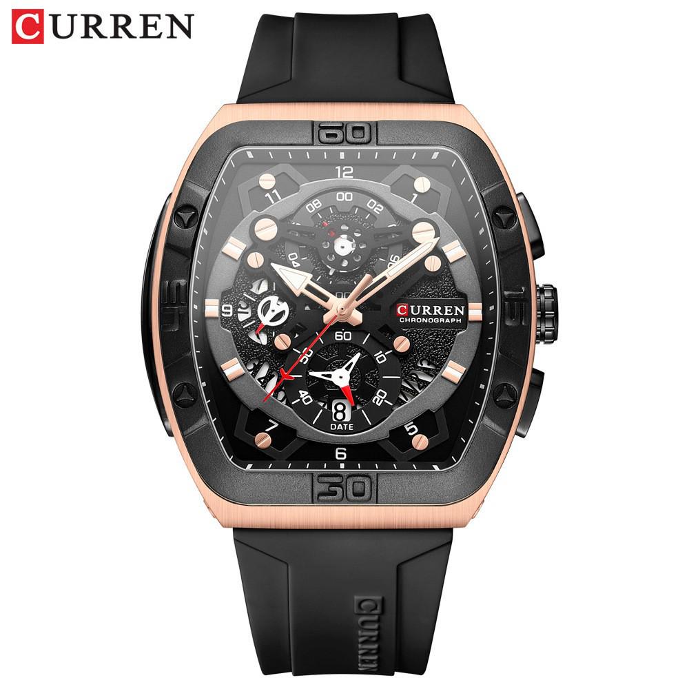 CURREN 8443 Wasserdichte Herren-Quarz-Multifunktionsuhr mit Sechs-Zeiger-Design und Tonnenform