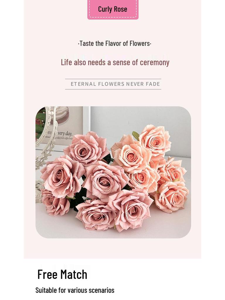 7-Head Ruffled Cappuccino Rose Bouquet - Vintage Artificial Flowers for Home or Wedding Decor