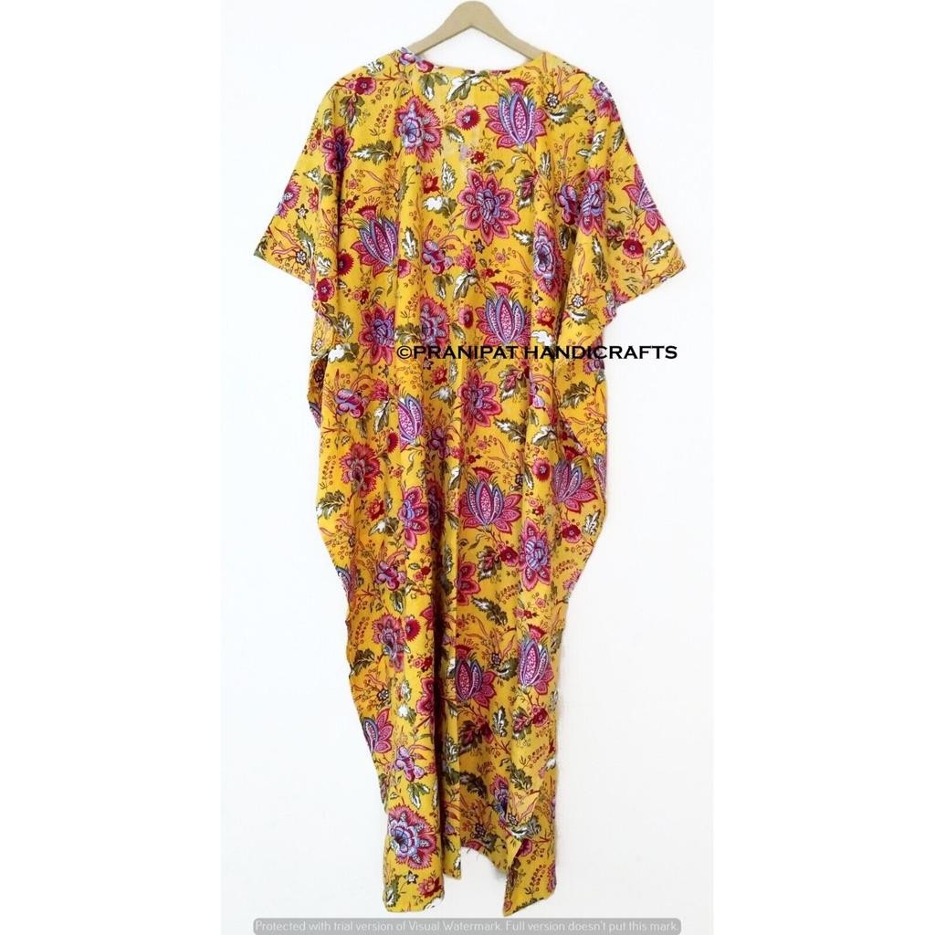 Indian Yellow Long Floral Print Cotton Hippie Maxi Women Nightwear Caftan Dress CKFTN-SCRN-FULL-BUYIT-078