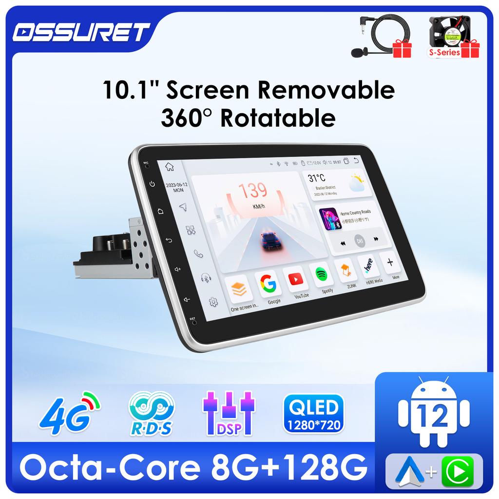Car Radio Ossuret  1Din 10 Inch Touch Screen 360°  Rotatable Android 13 GPS
