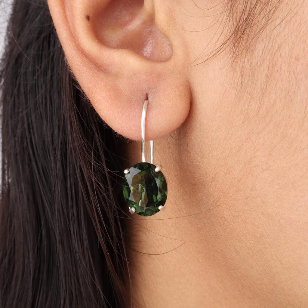Natural Green Tourmaline Gemstone 925 Sterling Silver Handcrafted Earrings 1.05" EE-173-13