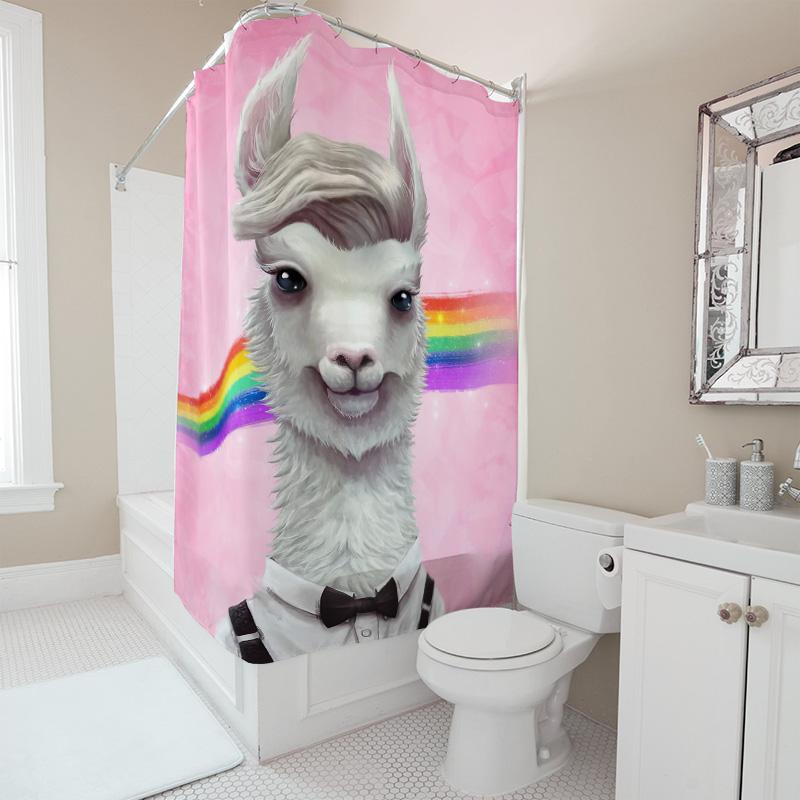 Rainbow Llama Shower Curtain Pink Background With White Furry Character Costume Shirt Bow Tie Design For Bathroom Decorations