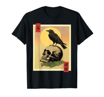 Japanisches Schädel und Krähe Edo-Periode Japanische Kanji Ukiyo-e T-Shirt