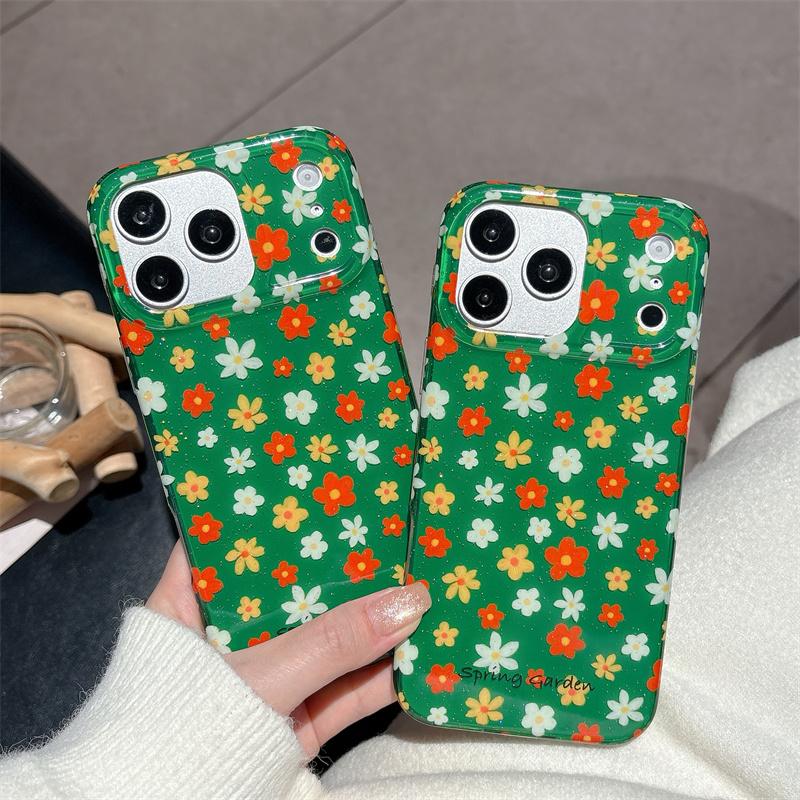 Green Floral Glitter Phone Case For iPhone 17 16 15 14 Pro Max Spring Garden Aesthetic Cute Flower Protective Cover
