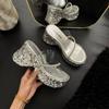 Thick-bottomed Wedge Slippers Women's New Summer Outer Wear Fashion Sequins Transparent One-word Set Toe High-heeled Sandals Women
