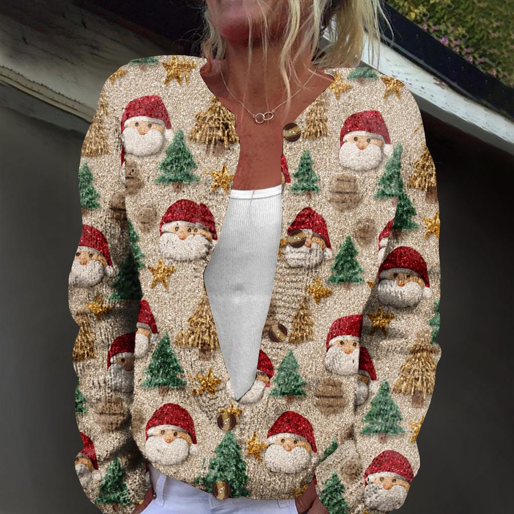 Women's Fashion Christmas Print Long Sleeve Knitted Cardigan Button Jacket