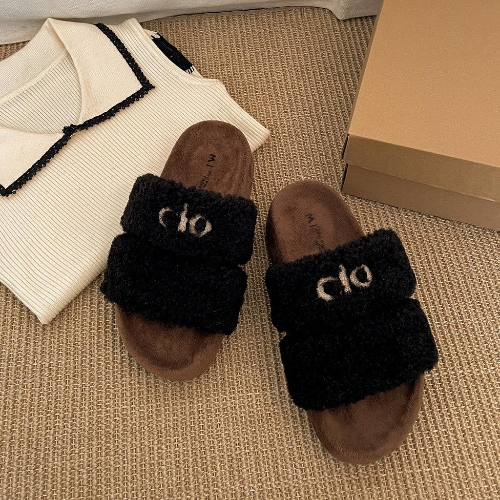 Retro black French thick-soled one-word fluffy slippers for women's outer wear 2025 new autumn heightening soft-soled cotton slippers