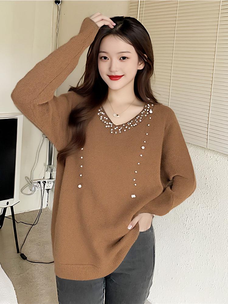 Elegant Plus Size Beaded Knit Sweater for Women - Winter Fashion for Curvy Figures