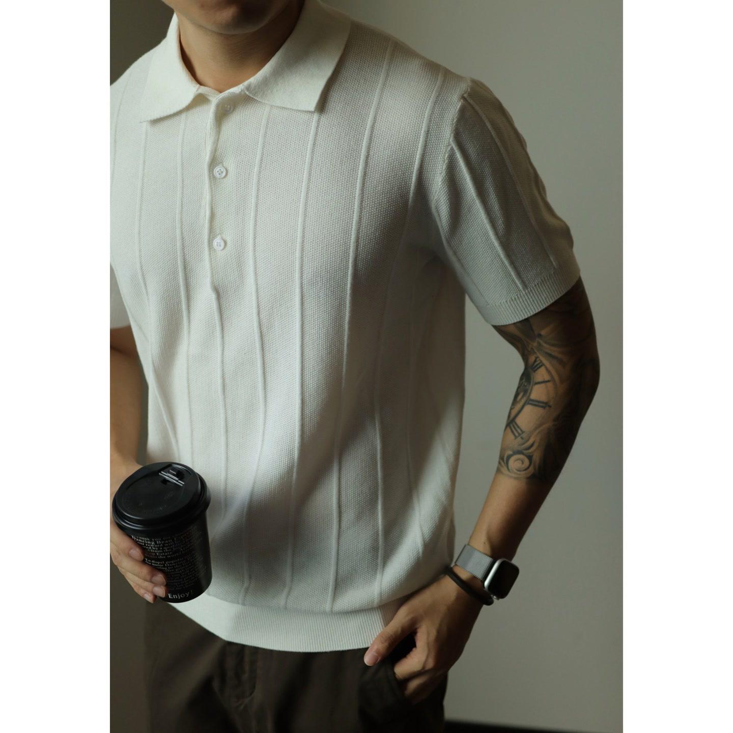 Heavyweight Retro Jacquard Knitted Polo - Men s Short Sleeve Solid Color T-Shirt for Spring/Summer M