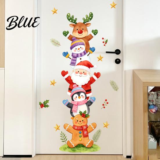 Christmas Party Room Decor Watercolor Stack‑Up Characters Wall Stickers Removable Self‑Adhesive Door Stickers Sticker Santa Snowman Reindeer