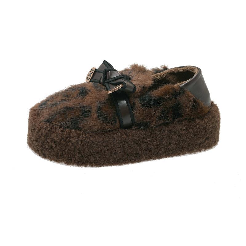 

Леопардовый принт Мао Мао два носящих хлопковые туфли женские осень и зима 2025 новые корейская версия модная платформа ремешок с пряжкой меховые шлепанцы хлопковая туфля 40