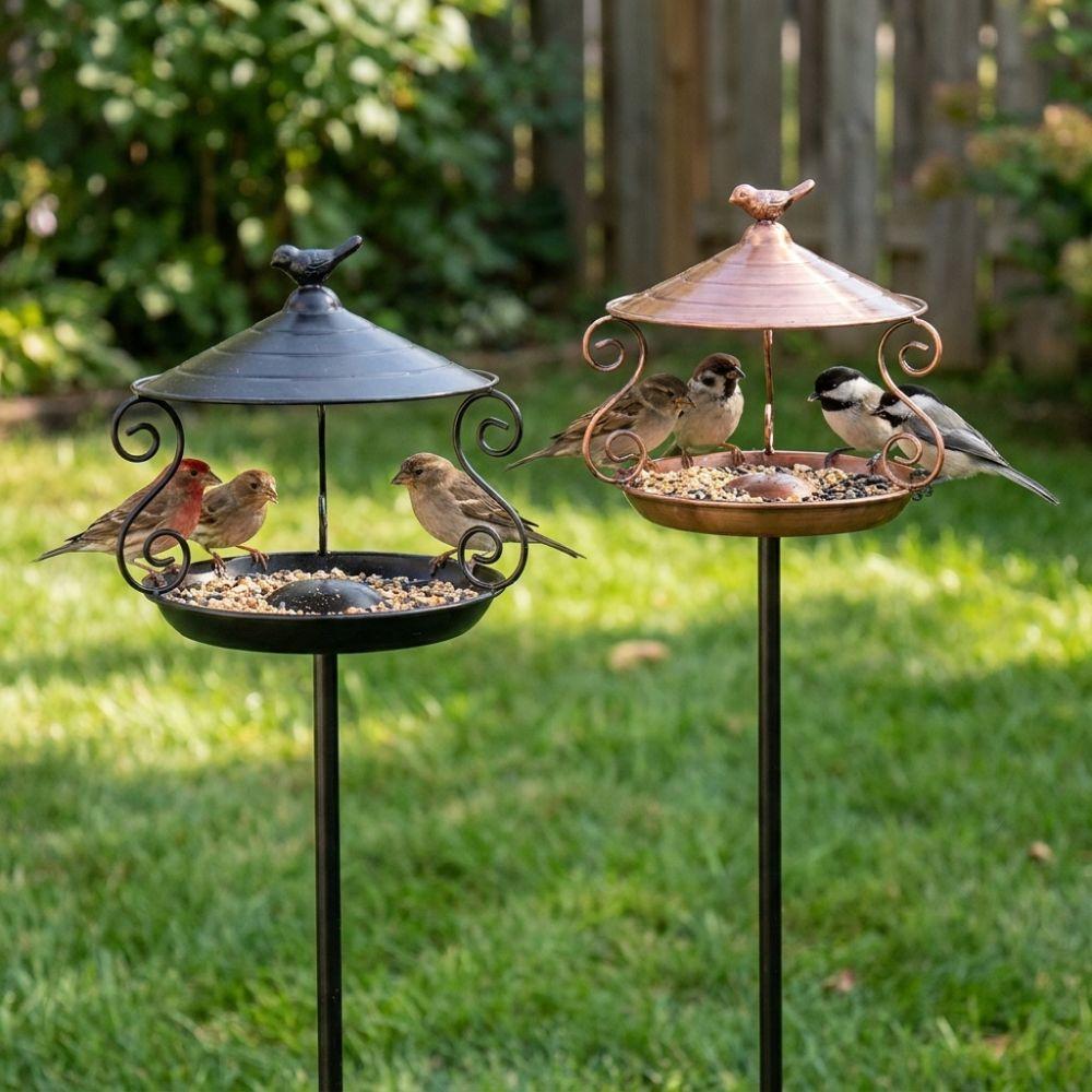 Large Capacity Standing Bird Feeder Iron Art Bird Feeder Tray Easy Clean Bird Water Drinker Garden