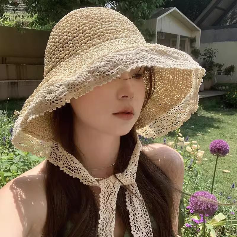 Summer new seaside photo big brim fisherman hat colorful dopamine foldable woven sunshade straw hat women