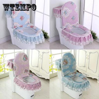 Conjunto de tres piezas de inodoro de chenilla, tela de encaje para jardín, cojín para asiento de inodoro con cremallera, funda de anillo para asiento de inodoro