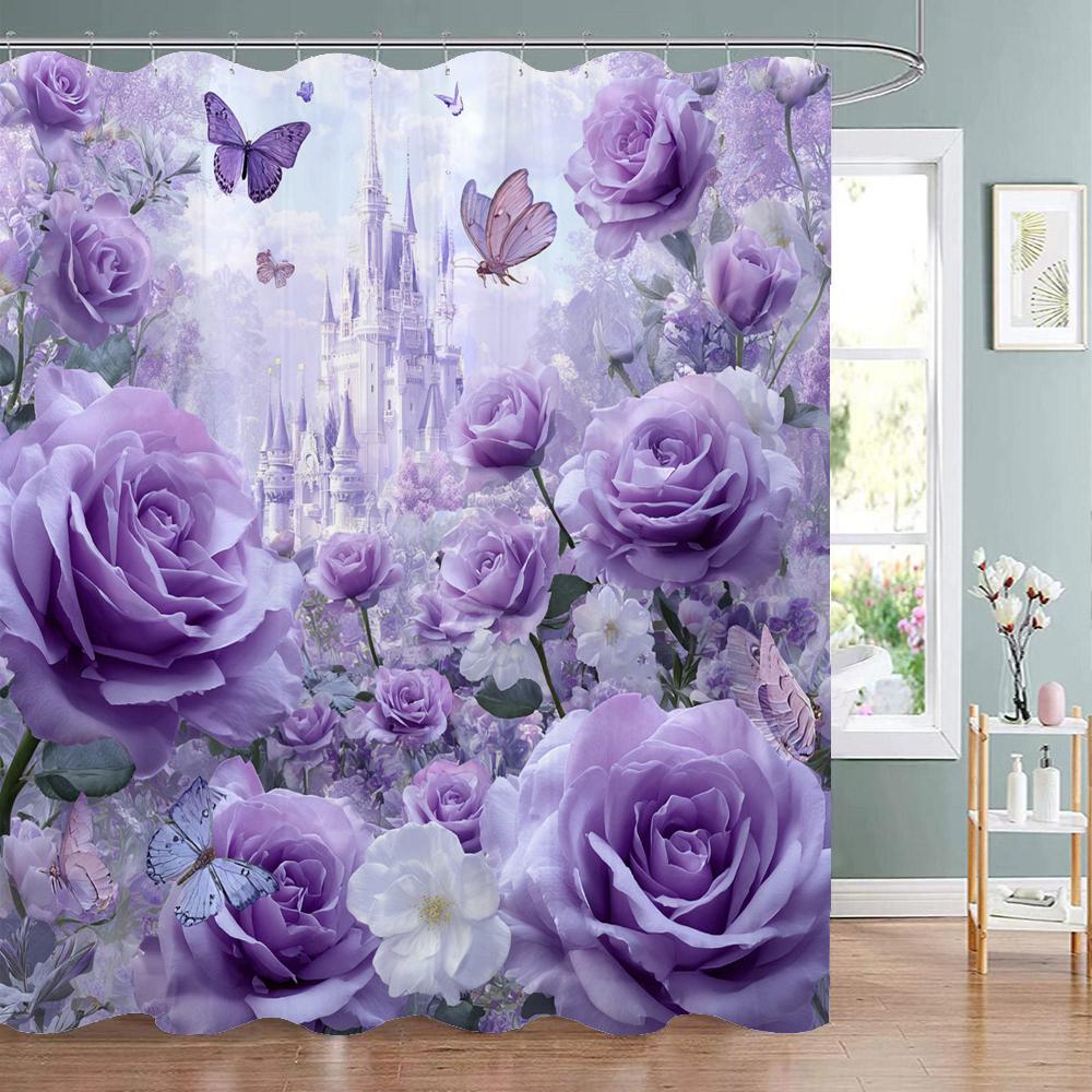 Butterfly Floral Shower Curtain Rose Flowers Plant Botanical Bathroom Decor Elegant Polyester Fabric Bath Curtain with Hook