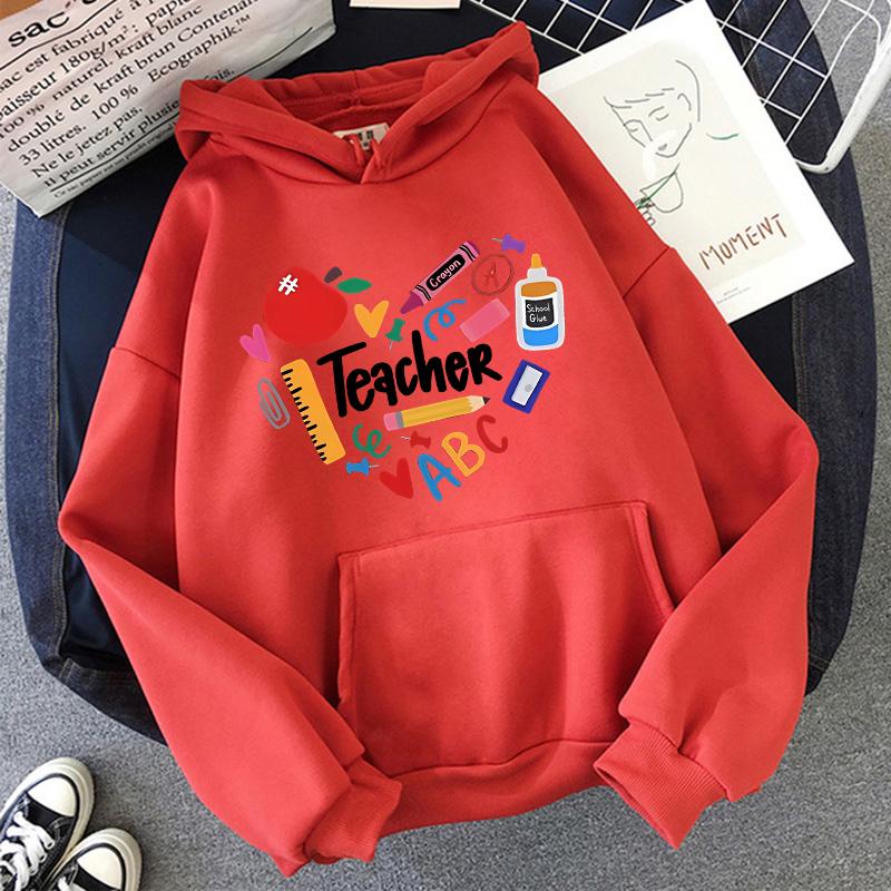Teacher Print Long Sleeve Hoodies Woman Casual Autunm Winter Hooded Women's Y2k Sweatshirt Clothing for School 90s Female