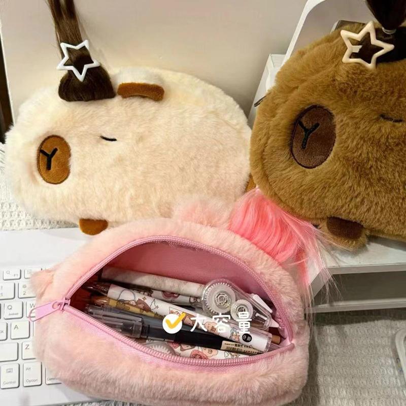 Kawaii Cartoon Creative Pencil Bag Student Capybara Plush Stationery Storage Bag Large Capacity Learning Stationery Supplies