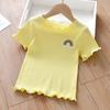 Kids' Cute Cartoon Embroidered T-Shirt - Ice Silk, Short Sleeve, Ruffle Design for Summer