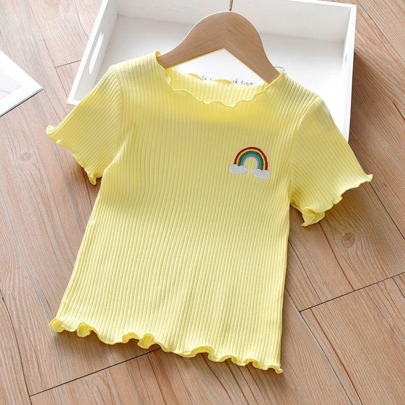 Kids' Cute Cartoon Embroidered T-Shirt - Ice Silk, Short Sleeve, Ruffle Design for Summer