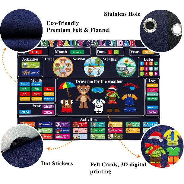 Craftstory Preschool Classroom Calendar Circle-Time Learning Center, My Daily for Toddlers Days-of-The-Week with 93 Homeschool Activities, Felt Board