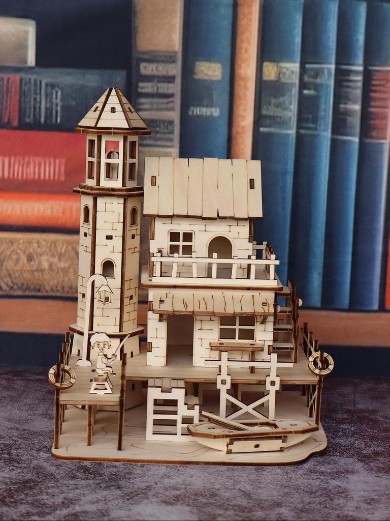 Fisherman's cabin wooden assembly model kit, handmade DIY 3D wooden puzzle fishing village building model