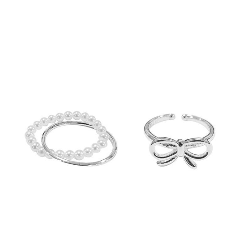 Korean Silver Color Pearl Bowknot Rings for Women Minimalist Elastic Bead Ring Wedding Aesthetic Jewelry