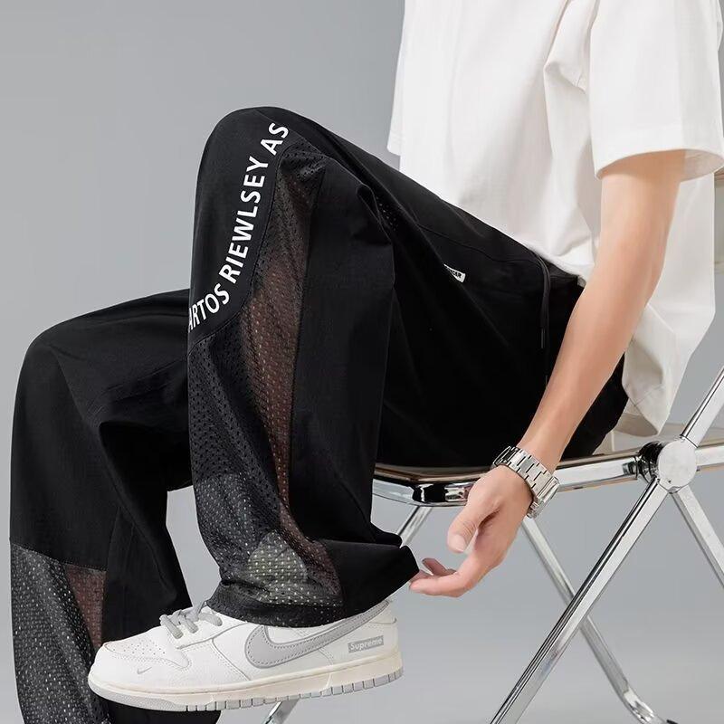 Ice silk pants men's new trousers drape straight wide-leg pants loose sweatpants splicing summer letters