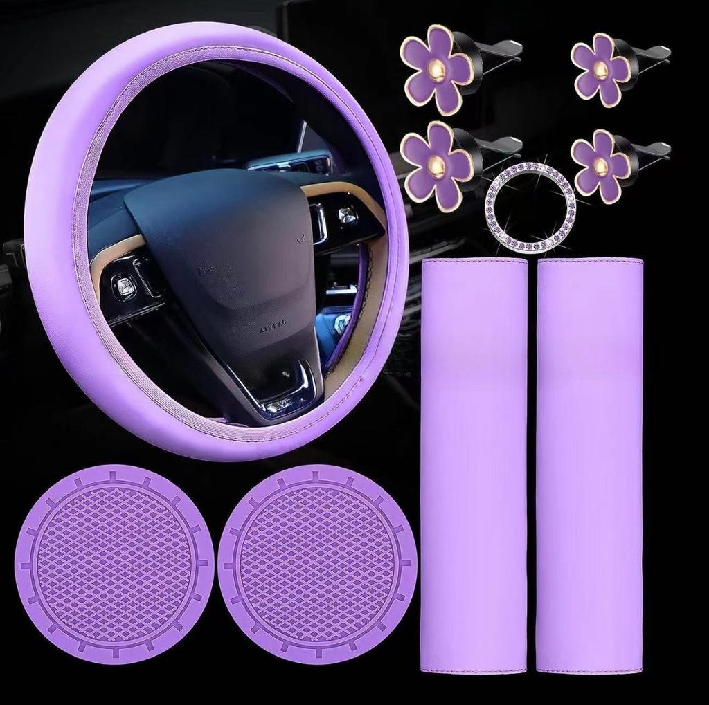 10Pcs Car Accessories Set Steering Wheel Cover Safety Shoulder Clip Cup Holder Start Button Clip Air Vent Flower Decor Covers