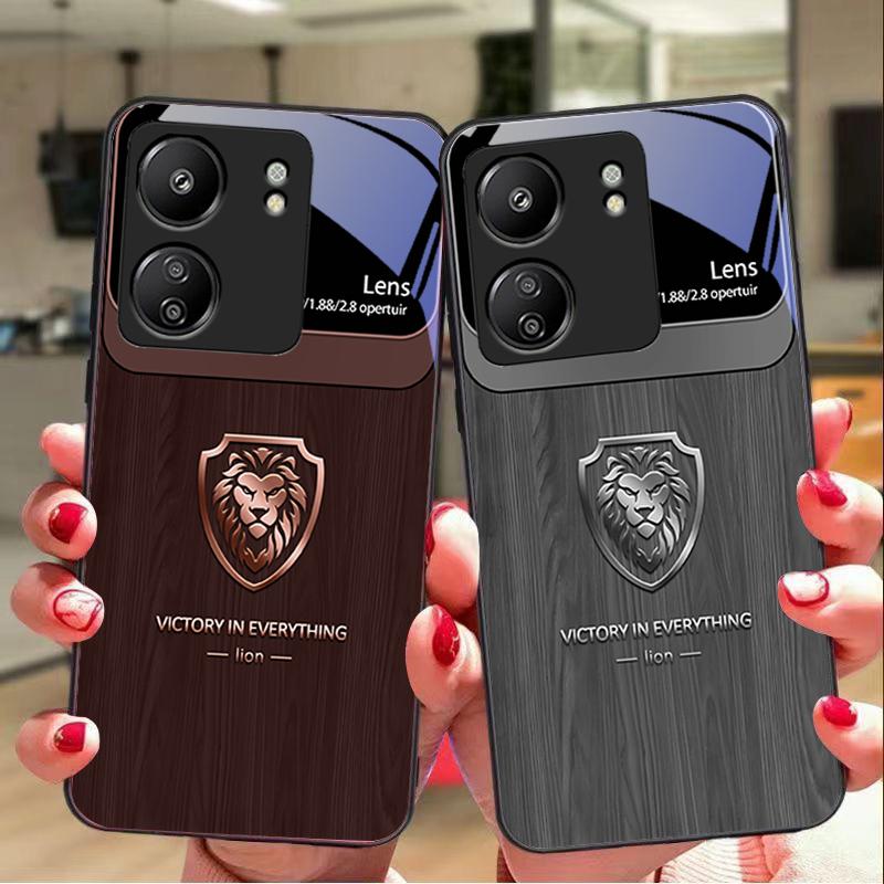 Wood Grain Lion Head For Xiaomi Redmi 13C Note13 12 Pro Plus 5G Note 9 13T Pro POCO X6 F5 F6 Black Tempered Glass Phone Case
