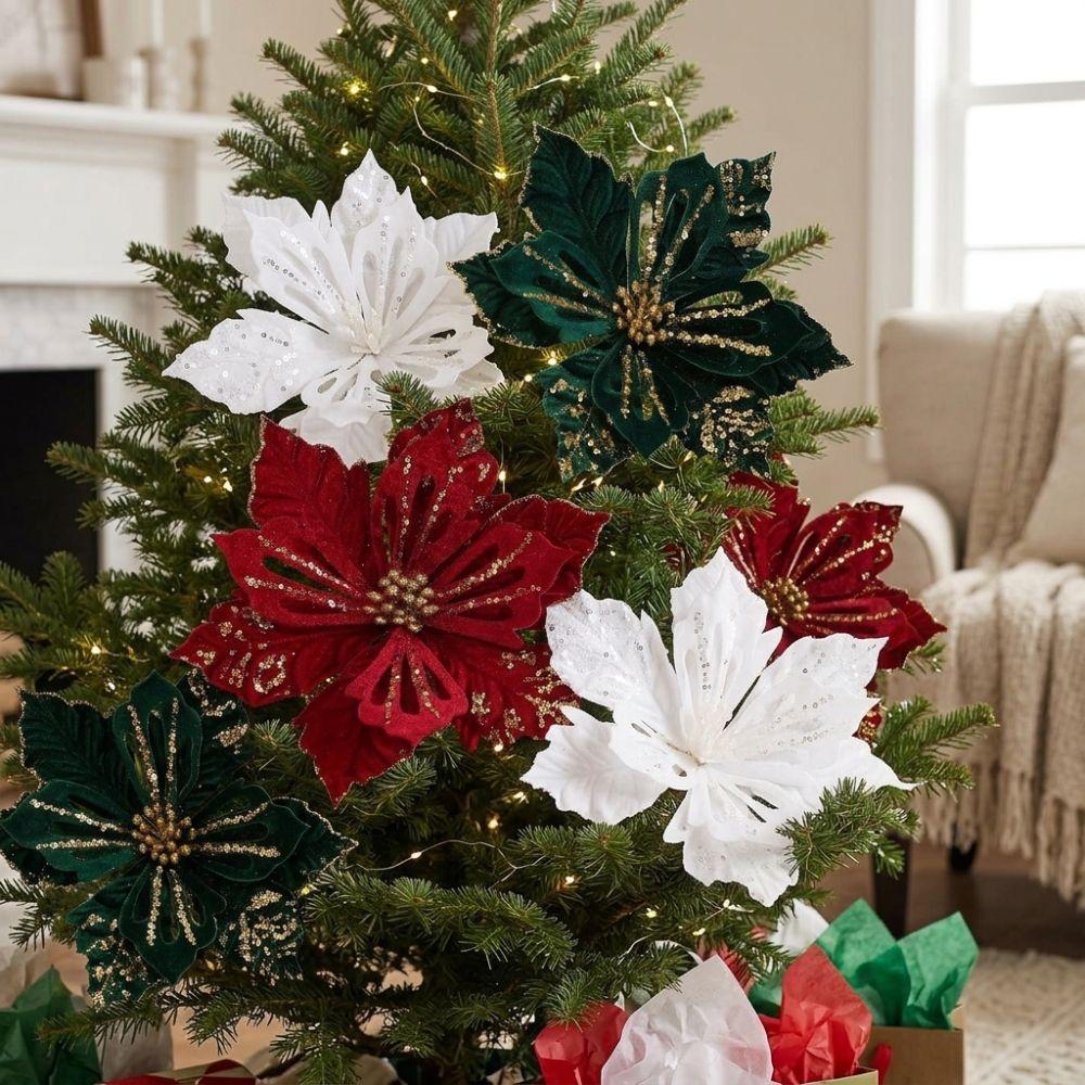 Realistic Christmas Tree Flower Picks Flocking Glitter Christmas Flower Stem Xmas Tree Decor