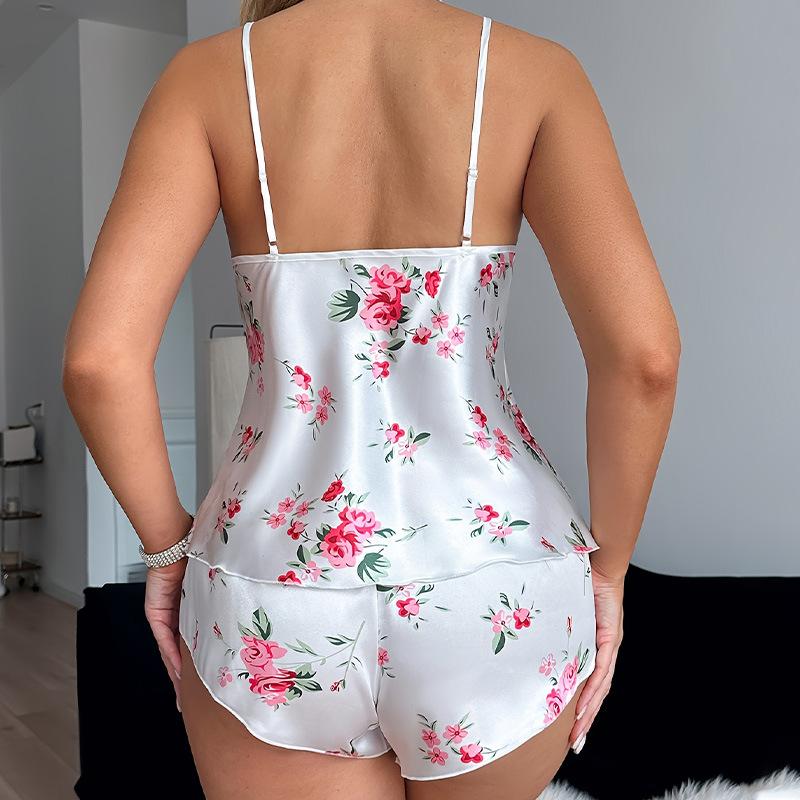 New Printed Ice Silk Pajama Set, Sexy Halter Shorts, Two-piece Casual Light Home Wear
