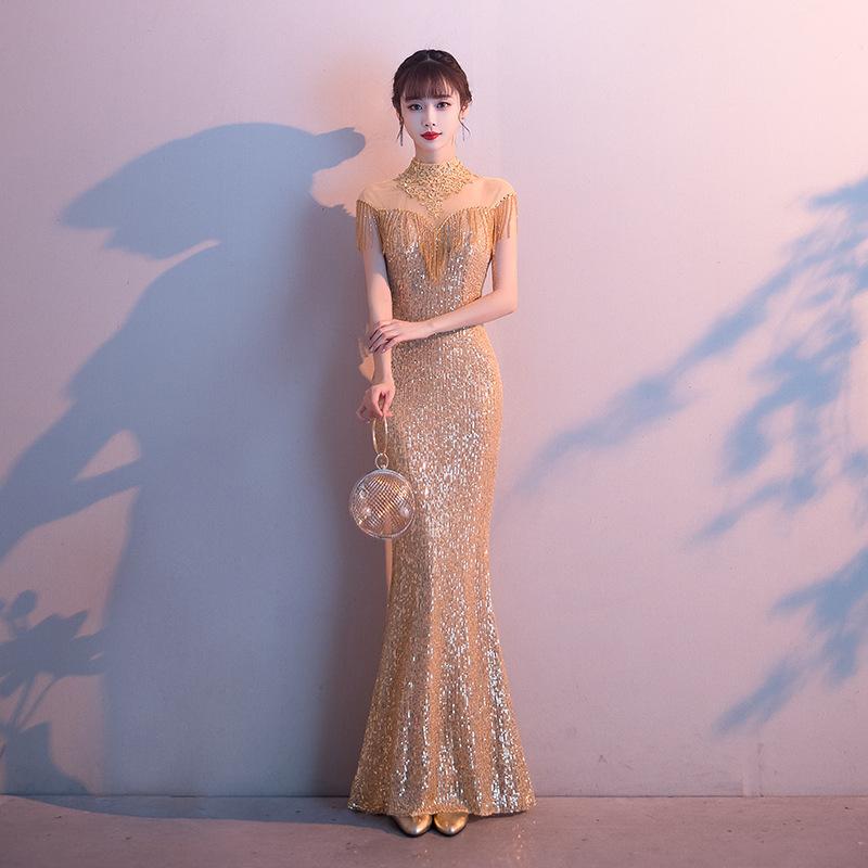 Banquet Evening Dress Dress Women's 1011 New Temperament Sequined Aura Queen Annual Meeting Host Long Fishtail Thin