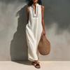 Robe Longue Sans Manches Col Montant Couleur Unie pour Femme Coupe Ample Taille Moyenne Robe Style Lin pour les Vacances